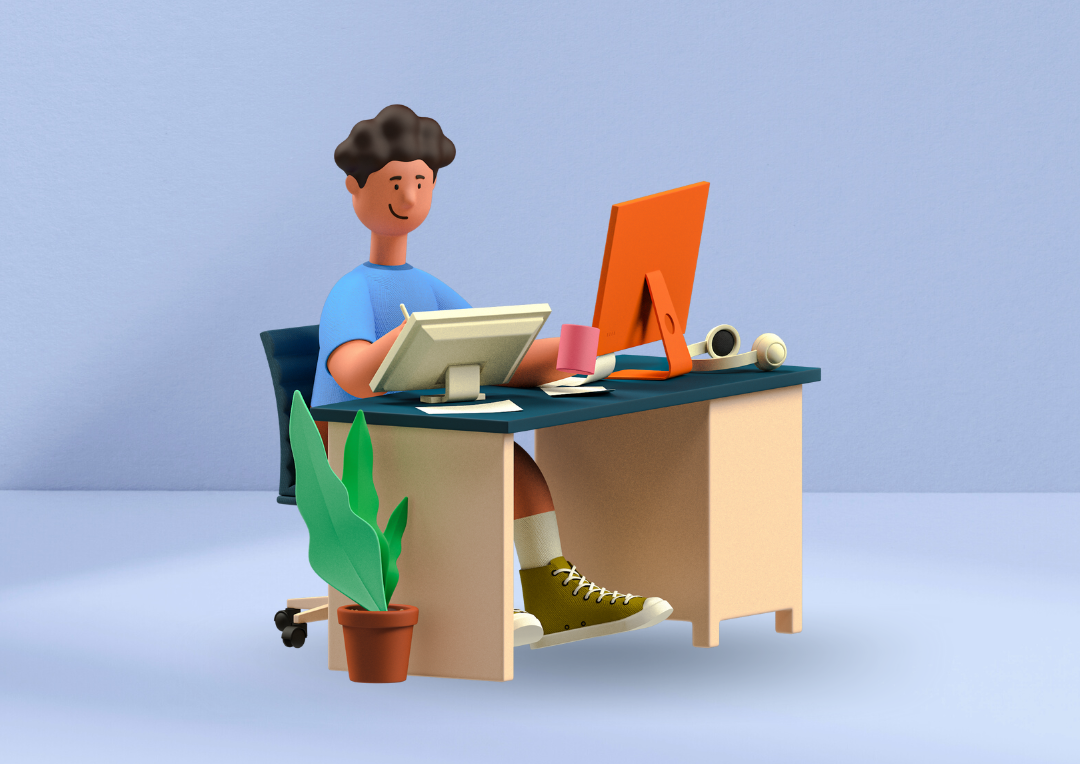 Ilustração 3D de um homem trabalhando em uma mesa com um vaso de planta